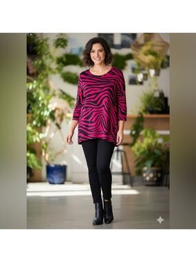 CHICO’S ZENERGY French Terry Fuschia Black Zebra Print Tunic Top 3/4 Sleeve 16